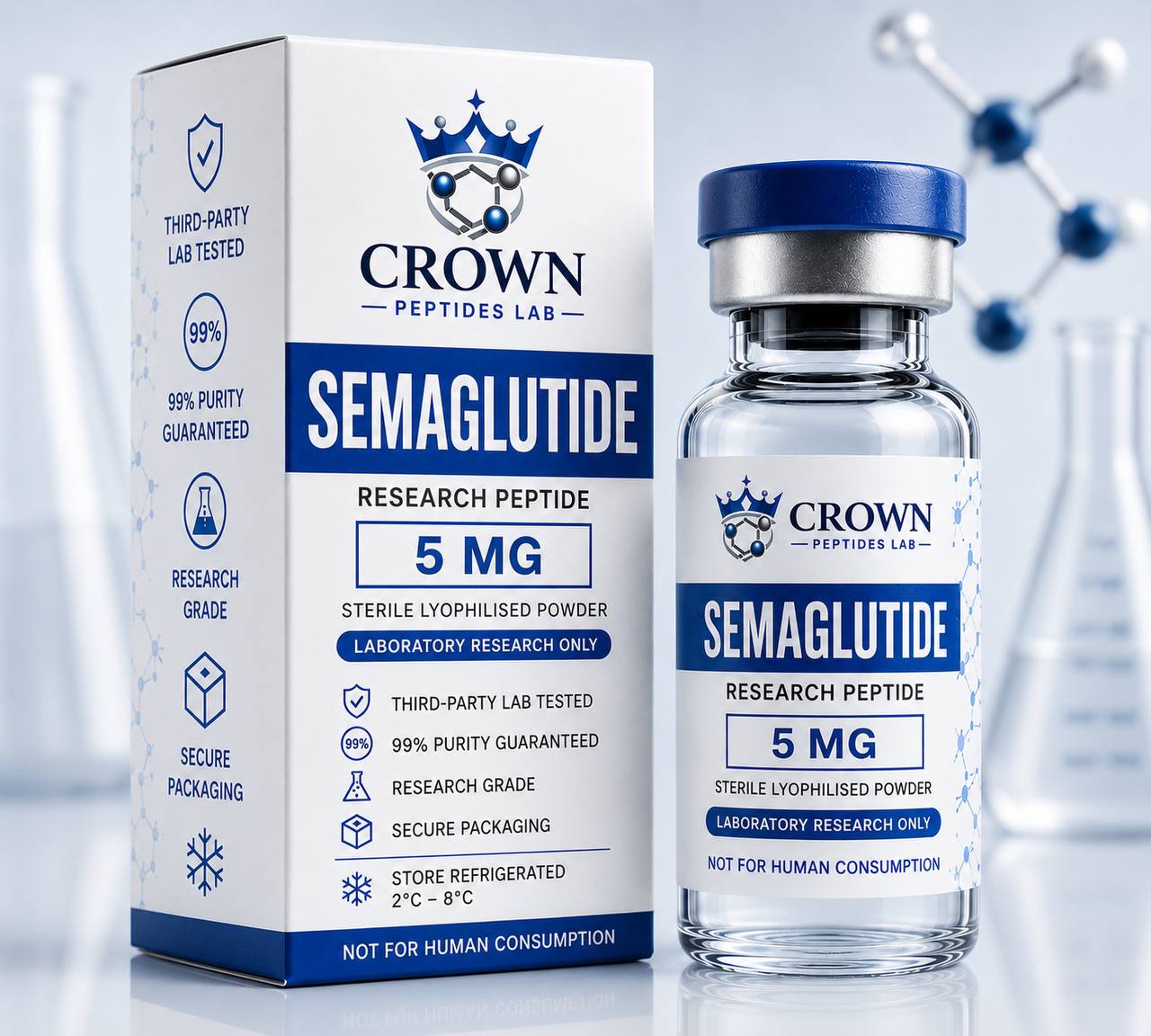 GLP-1 research peptide GLP-1 research peptide vial by Crown Peptides Labs for laboratory research.